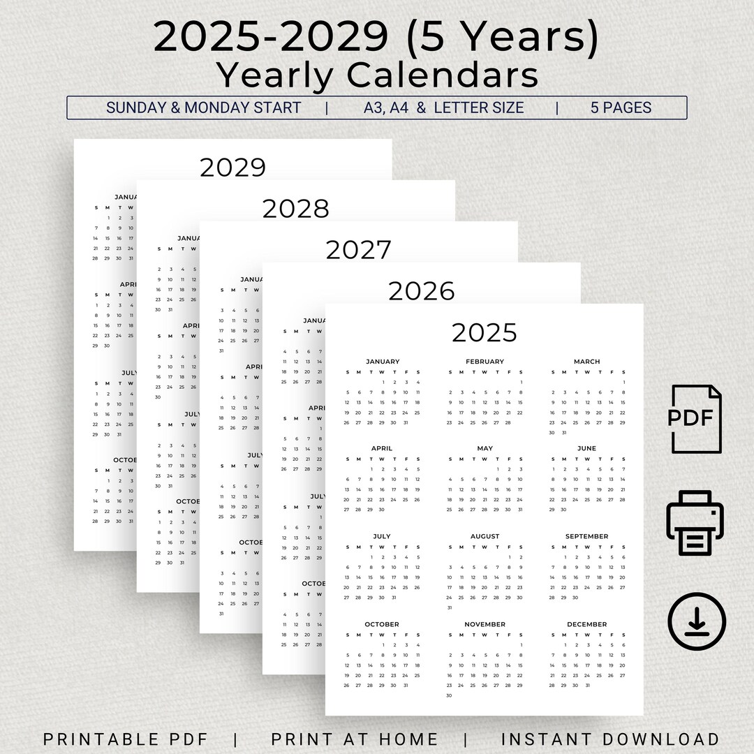 2025 to 2029 Calendar 2025-2029 Yearly Calendar Printable 5 Years Wall ...