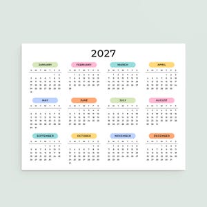 May include: A 2027 calendar with each month presented on a separate page. Each month has a different colour, with the month's name at the top. The days of the week are listed above the dates.