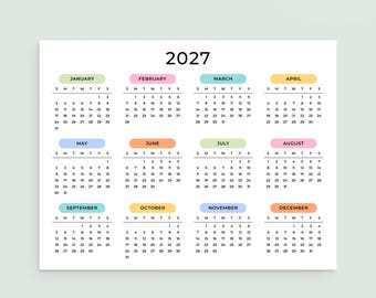 2027 Calendar Minimalist 2027 Wall Calendar Landscape 2027 Yearly Calendar PRINTABLE PDF A3 A4 US Letter Monday & Sunday Start Color Planner