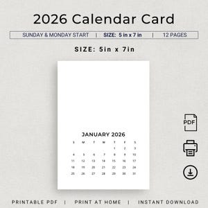 2026 Monatskalender 5 x 7 Zoll Kalenderkarte 2026 klein druckbarer PDF-Kalender 5 x 7 Zoll DIY Kalender 2026 Minimal Schreibtisch Planer Insert Portrait