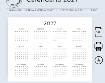 Peut inclure: Calendrier imprimable 2027 en espagnol, avec un design épuré et minimaliste. Le calendrier est au format PDF, avec un début dimanche et lundi, et disponible en tailles Lettre, A4 et A3. Avec une icône de téléchargement.