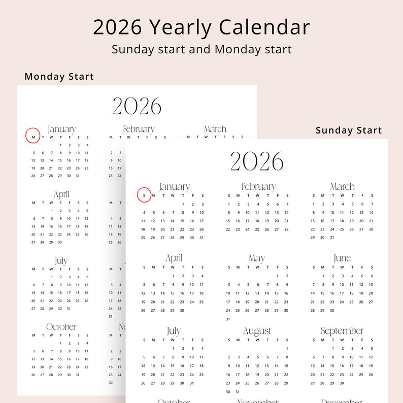 2026 Yearly Calendar Portrait 2026 Calendar PRINTABLE Wall Calendar ...