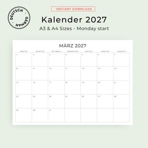 2027 Kalender 2027 Monatskalender 2027 Minimalist German Monthly Calendar PRINTABLE PDF 2027 Monthly Planner Germany A3 A4 Instant Download