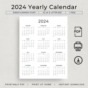 2024 Calendar 2024 Yearly Calendar Printable 2024 Wall Calendar 2024 Year at a Glance Minimalist Calendar A3 A4 Letter Monday & Sunday Start