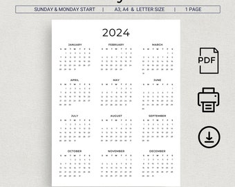 2024 Calendar 2024 Yearly Calendar Printable 2024 Wall Calendar 2024 Year at a Glance Minimalist Calendar A3 A4 Letter Monday & Sunday Start