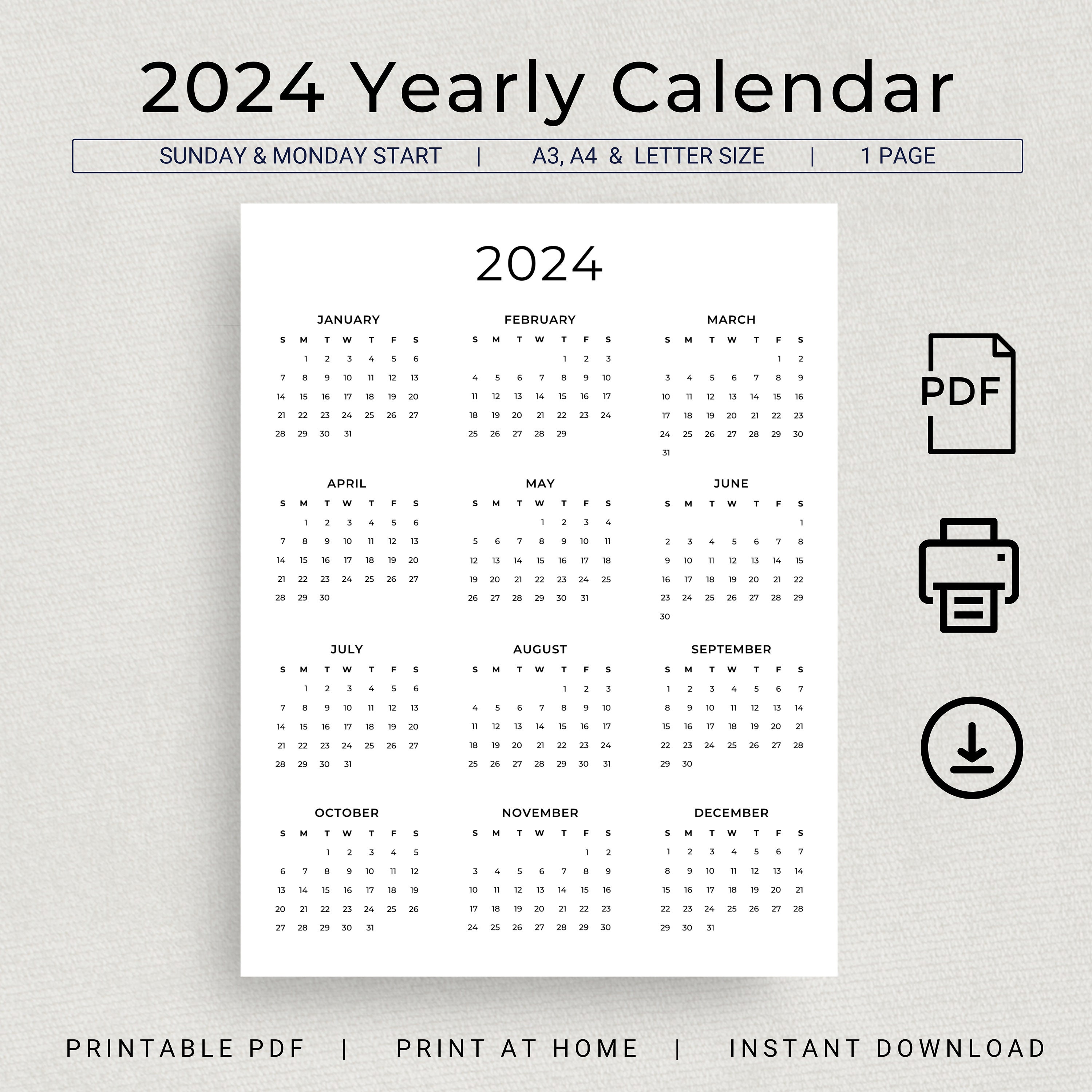 2024 Yearly Calendar Calendar Cards Scrapbook Calendar -   Scrapbook  calendar, Minimalist wall art printable, Kids printable art