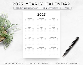 Calendrier annuel 2023 imprimable sur une page, aperçu de l'année 2023, format PDF A4 et lettre, début du lundi, début du dimanche, design minimaliste