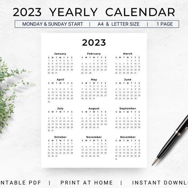 2023 Yearly Calendar Printable on One Page, 2023 Year at a Glance, PDF A4 & Letter Size, Monday Start Sunday Start, Minimalist Design