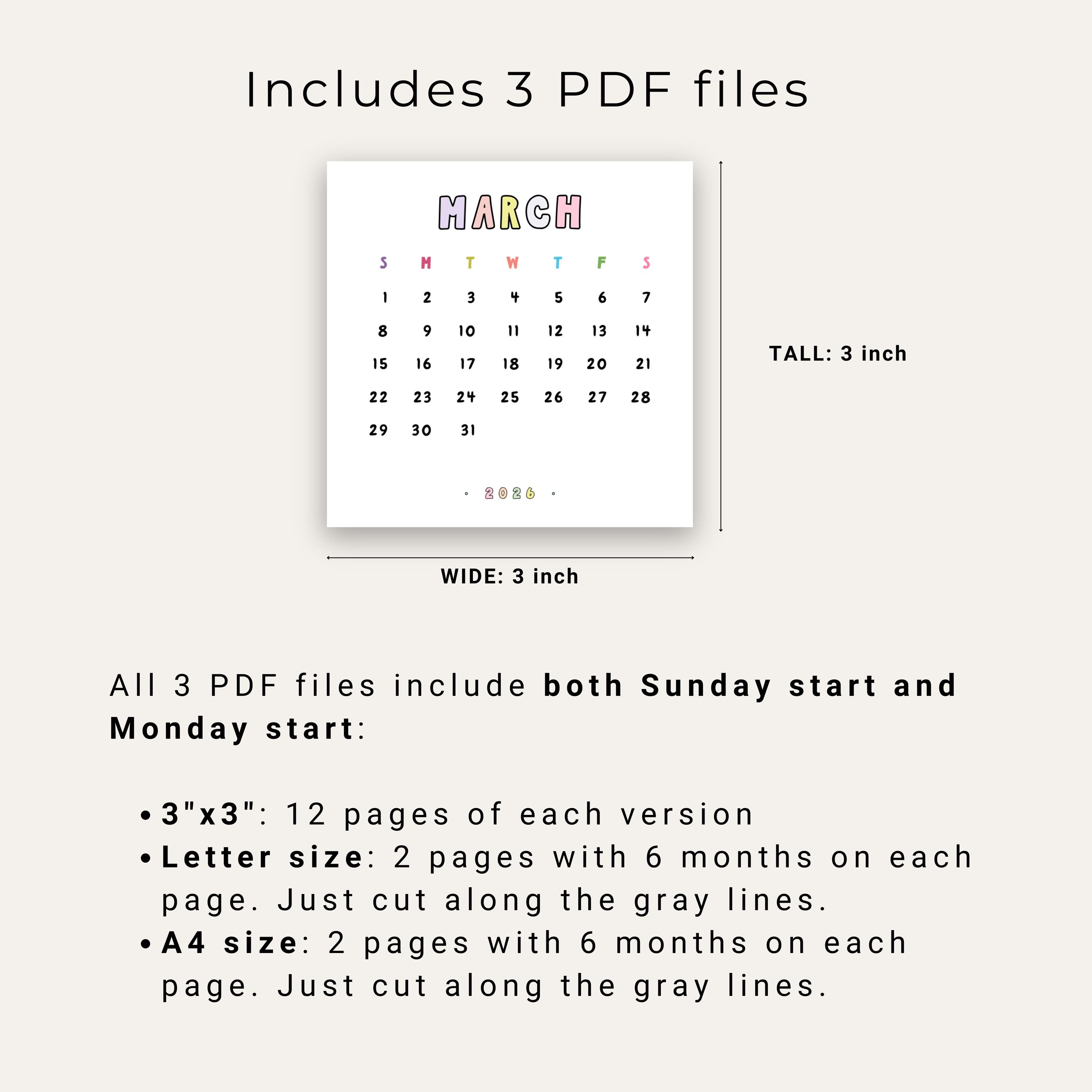 Cute 2026 Mini Calendar Printable 3x3 Inch Monthly PDF Pastel Colors ...