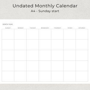 Blank Monthly Calendar Undated Monthly Planner Minimalist Blank Calendar Landscape Sunday Start Monday Start A4 Letter Size PRINTABLE PDF