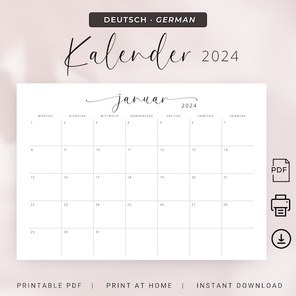 Kalender 2024 Kalender Deutsch 2024 Kalender Download und Ausdrucken PRINTABLE German Calendar 2024 Calendar in German Planner PDF A4 Letter