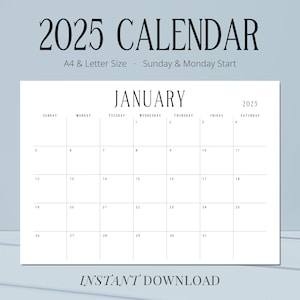 2025 Calendar 2025 Planner Monthly Printable Landscape Contemporary Wall Calendar Desk Planner Instant Download A4 Letter Size Work Planner