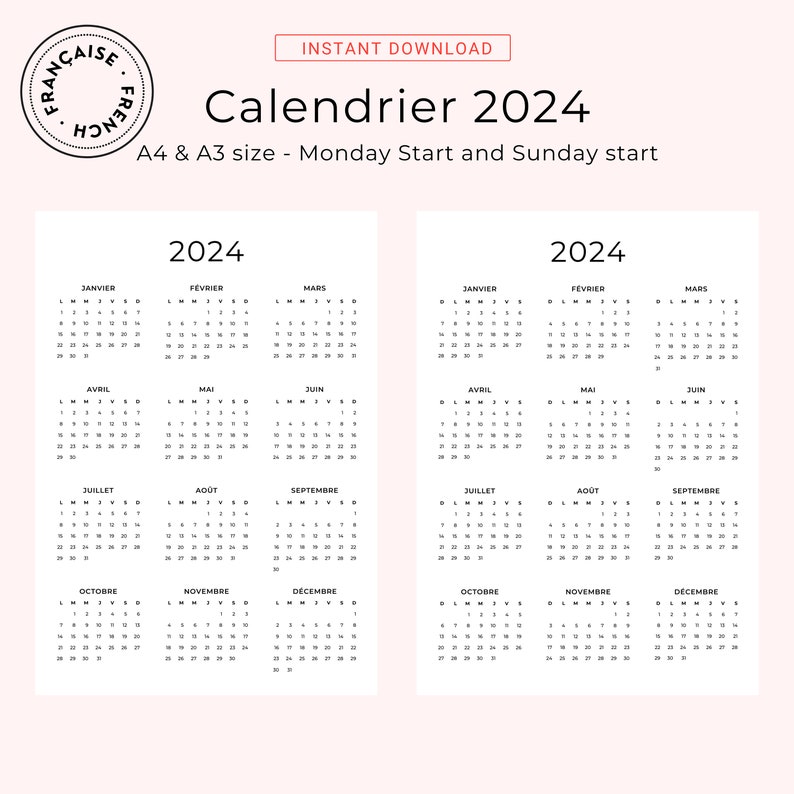 2024 Calendrier 2024 French Calendar 2024 Yearly Calendar French PDF Calendar 2024 PRINTABLE A3 A4 Letter 2024 Calendrier Annuel PDF 2024