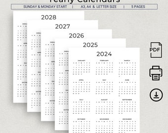 2024 to 2028 Calendar 2024-2028 Yearly Calendar Printable 5 Years Wall Calendar Minimalist 2024 2025 2026 2027 2028 PDF A3 A4 Letter Size