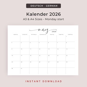 Kalender 2026 Kalender Deutsch Instant Download Printable 2026 Calendar in German PDF 2026 Desk Planner German A3 A4 Germany Wall Calendar