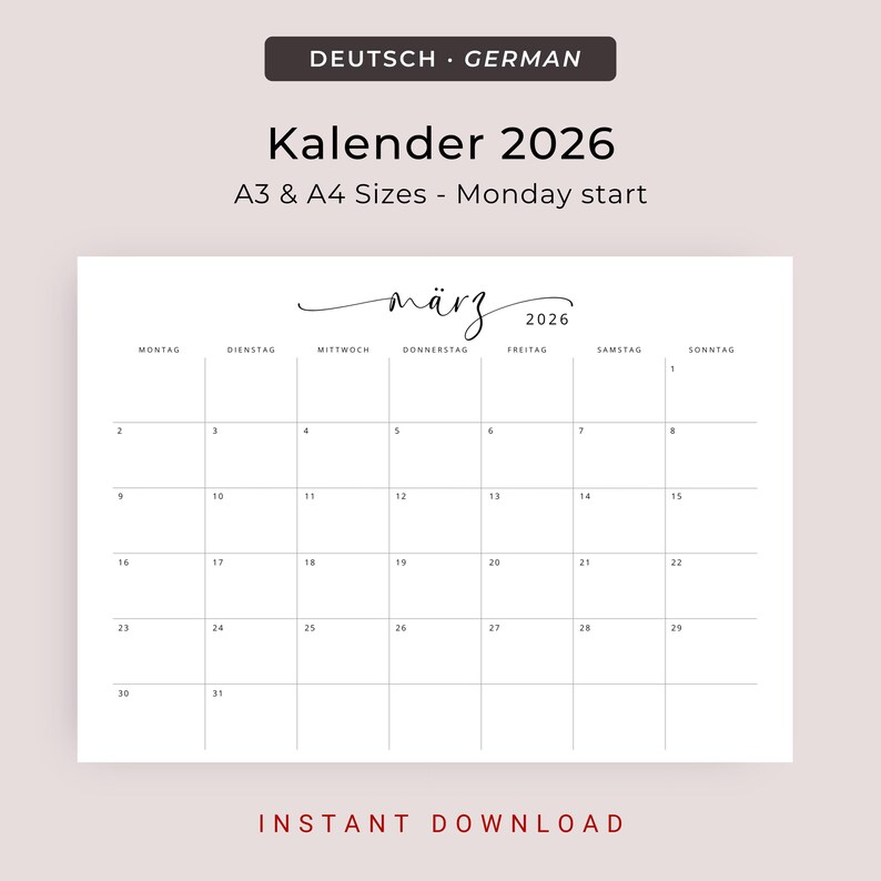 Kalender 2026 Kalender Deutsch Instant Download Printable 2026 Calendar in German PDF 2026 Desk Planner German A3 A4 Germany Wall Calendar