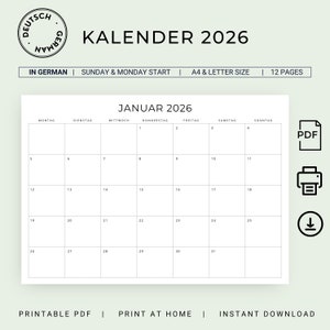 Könnte beinhalten: Ein druckbarer Kalender für Januar 2026 in deutscher Sprache. Der Kalender ist mit Sonntag und Montag als Wochenbeginn formatiert. Der Kalender ist in A4 und Letter Format verfügbar und umfasst 12 Seiten.