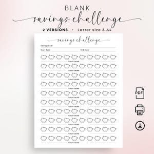 May include: A printable savings challenge tracker with a piggy bank theme. The tracker has 10 rows of piggy banks, each row with a space to write "Total Saved". There are spaces to write "Savings Goal", "Start Date", and "End Date".
