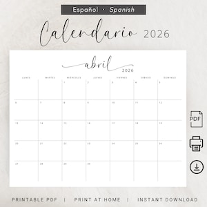 Calendario 2026 Español Calendario Mensual Imprimible 2026 Elegante Spanish Planner Calendario 2026 en Español Apaisado PDF A4 Tamaño Carta