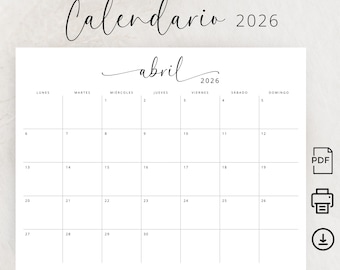 Calendario 2026 Español Calendario Mensual Imprimible 2026 Elegante Spanish Planner 2026 Calendar in Spanish Landscape PDF A4 Letter Size