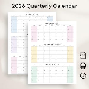 Calendario trimestral 2026, planificador de tres meses por página, calendario 2026 imprimible en PDF, calendario de pared tamaño carta A4, color pastel, descarga instantánea