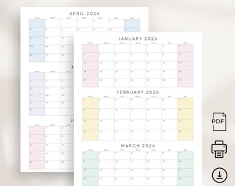 2026 Quarterly Calendar 2026 Three Months Per Page Planner 2026 Calendar Printable PDF Wall Calendar A4 Letter Size Pastel Instant Download