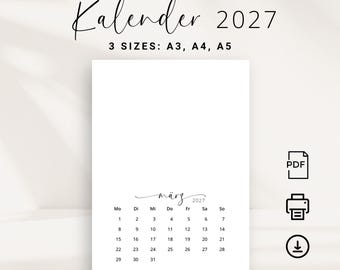 2027 Kalendar A3 A4 A5 2027 Kalender auf Deutsch DRUCKBARE PDF Elegantes Porträt DIY 2027 Monatskalender Handwerker Planer Poster