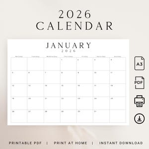 以下が含まれることがあります： 2026年の1月を示すミニマリストカレンダー。クリーンなグリッドレイアウトで、年が上部に、月名が目立つように表示されています。印刷可能なPDFとして、すぐにダウンロードできます。