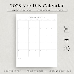 Planificador mensual vertical 2025 Calendario 2025 imprimible minimalista Inicio en domingo y lunes Planificador mensual 2025 vertical Tamaño carta A4