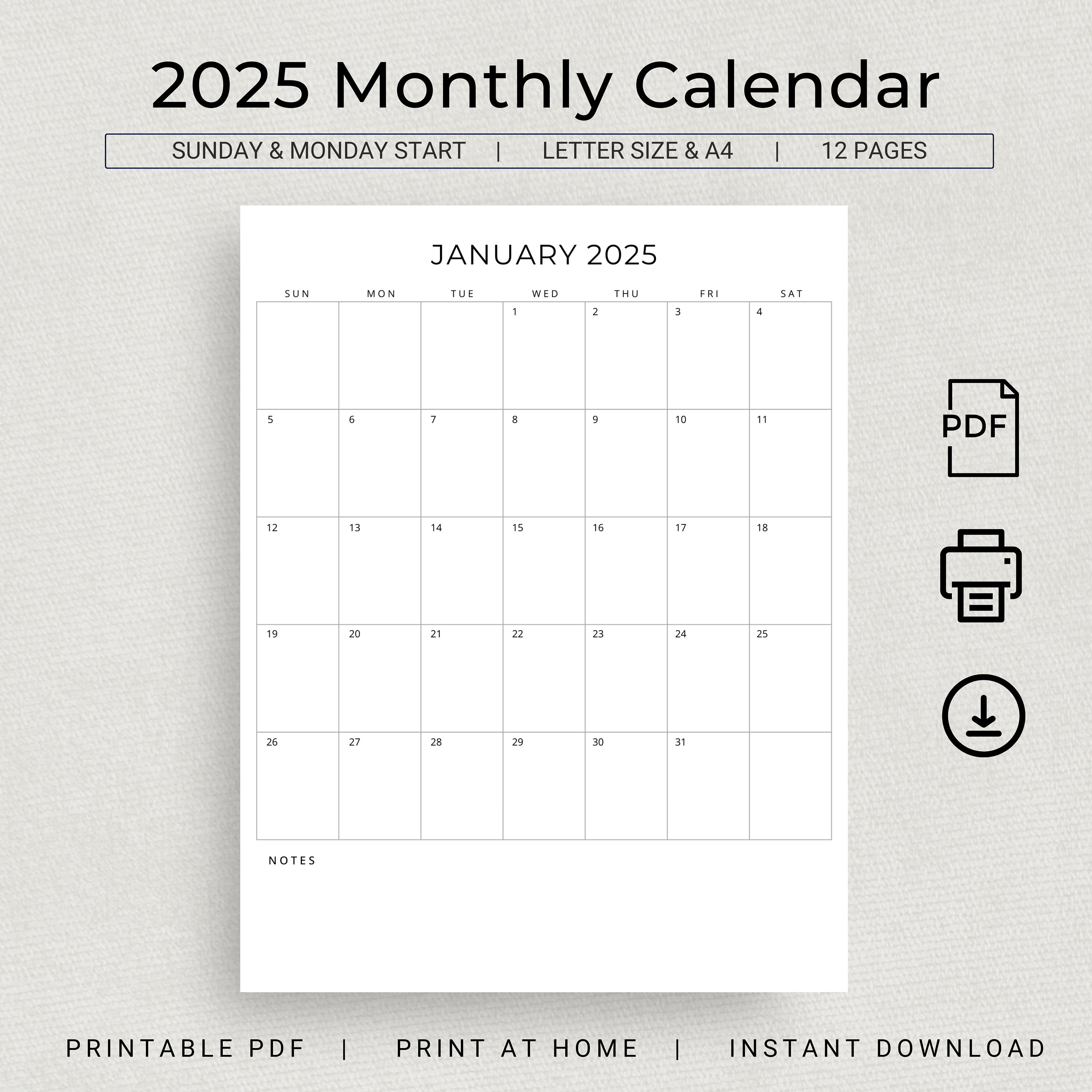 2025 Monthly Planner Vertical 2025 Calendar Printable Minimalist Sunday