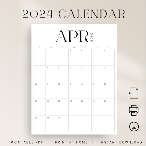 2024 Calendar 2024 Wall Calendar 2024 Planner Vertical Calendar 2024 TYPOGRAPHIC Sunday & Monday Start Modern Monthly Calendar Printable