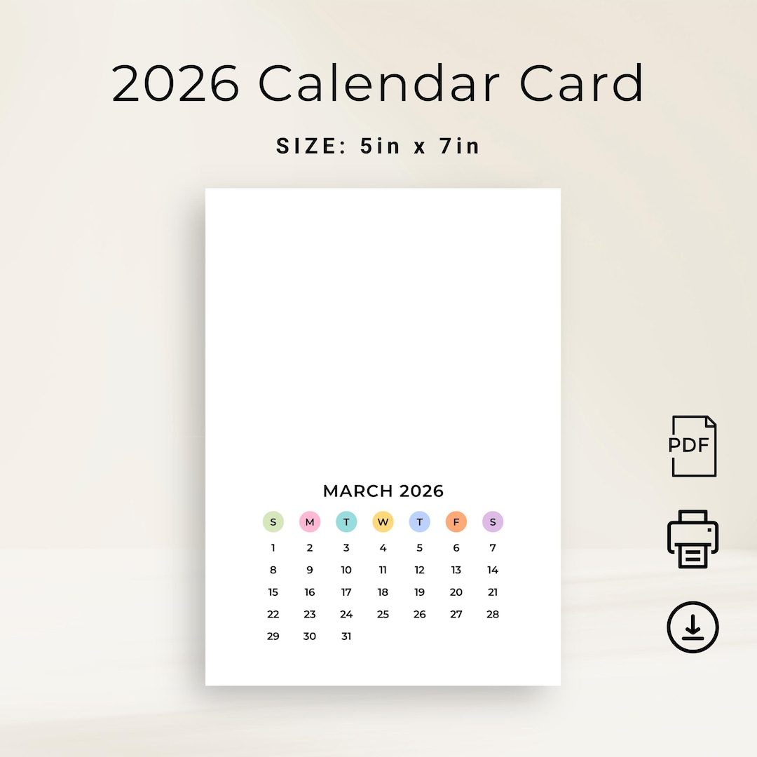5x7 Inch 2026 Monthly Calendar 2026 Calendar Card Portrait PRINTABLE ...