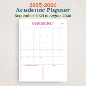 Planificador del año académico 2025-2026 Calendario escolar 2025-2026 Septiembre 2025 a Agosto 2026 PDF IMPRIMIBLE Retrato Colorido A3 A4 Carta 11x17