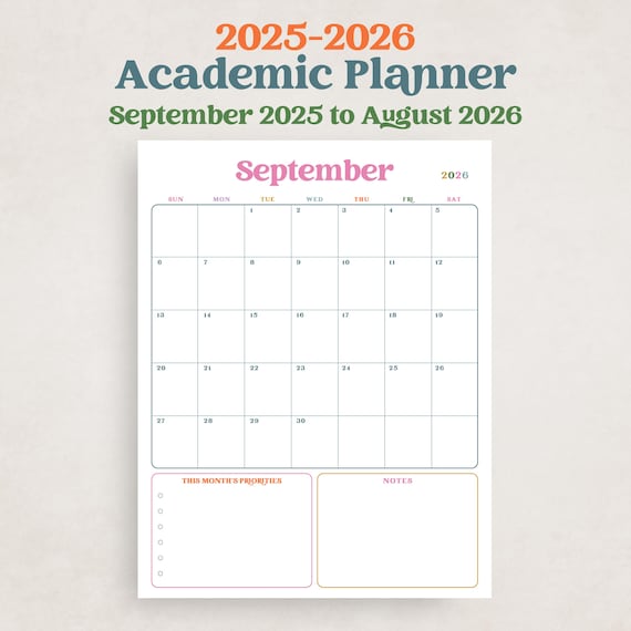 2025-2026 Academic Year Planner 2025 2026 School Calendar September 2025 to August 2026 PRINTABLE PDF Portrait Colorful A3 A4 Letter 11x17