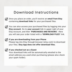 May include: A checklist of instructions for downloading digital files purchased from Etsy. The instructions include downloading from an Etsy account, downloading from a phone, and downloading as a guest.
