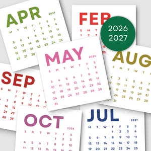 Puede incluir: Una colección de calendarios mensuales coloridos para 2026 y 2027. Cada calendario muestra un mes diferente, con el nombre del mes en un color vibrante. Los días de la semana están listados en la parte superior.