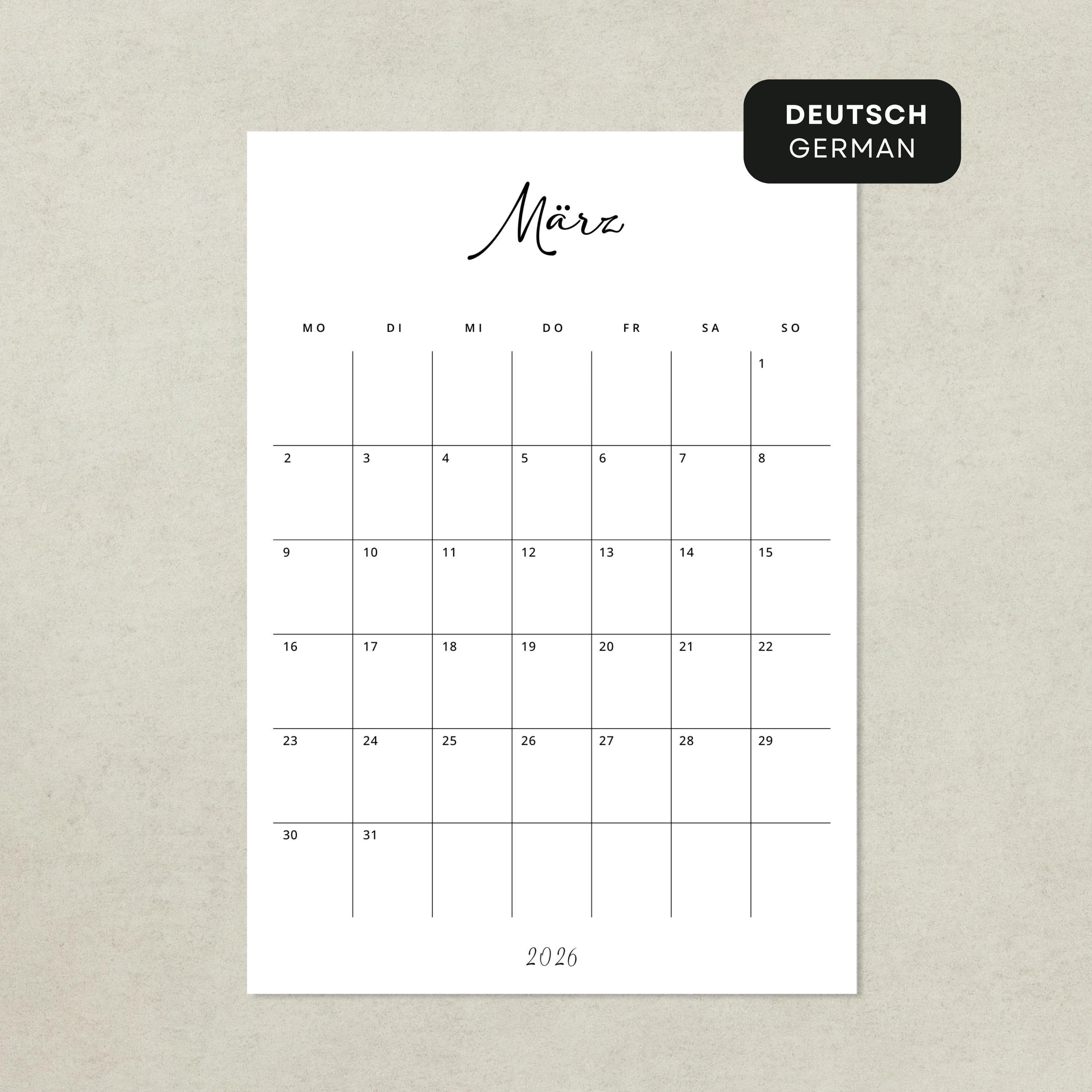 2026 Kalender 2026 Kalender Deutsch Monatsplaner Portrait German