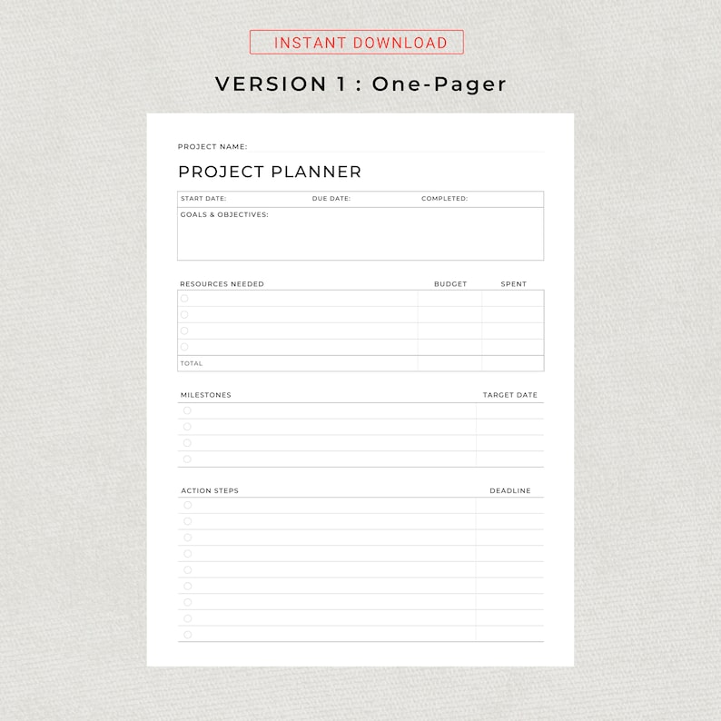 Project Planner Printable Productivity Planner Personal Project Planning Work Planning A4 US Letter Size Project Management Project Tracker