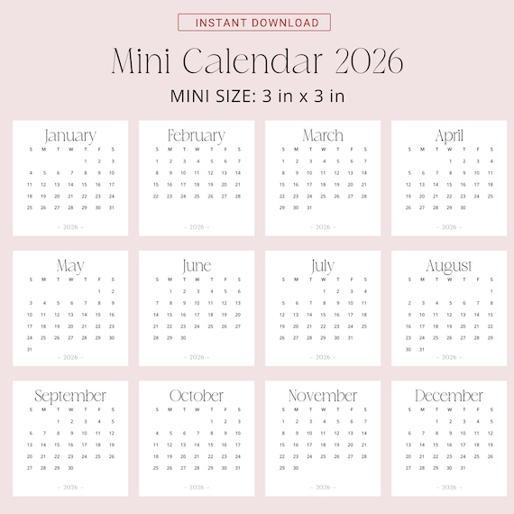 2026 mini calendar 3x3 2026 calendar small printable pdf 2026 calendar  square 3x3 inch stylish mini desk calendar 2026 sunday u0026 monday start - etsy