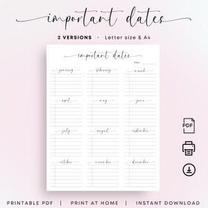 Calendario de fechas importantes Planificador anual de fechas especiales Inserto IMPRIMIBLE Recordatorio de citas de cumpleaños Evento especial Tamaño carta A4 Elegante