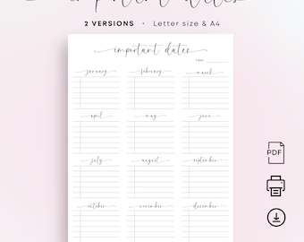 Important Dates Calendar Yearly Special Dates Planner Insert PRINTABLE Birthday Appointment Special Event Reminder A4 Letter Size Elegant