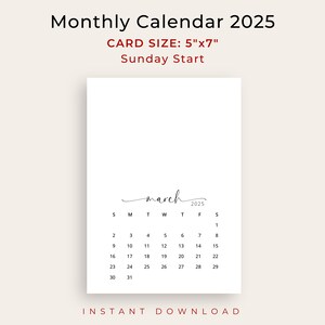 2025 Monthly Calendar 5x7 in 2025 Calendar Card PRINTABLE Elegant Small ...