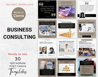May include: A graphic design template for Instagram highlights. The template is for a business consulting company and features a variety of topics, including business strategy, market trends, employee incentives, and coaching. The template is ready to use and fully editable in Canva.