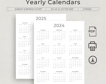 2024 2025 Kalender 2024 & 2025 Jahreskalender zum Ausdrucken 2024 2025 Wandkalender 2 Jahre minimalistischer druckbarer Kalender A3 A4 Letter-Format PDF