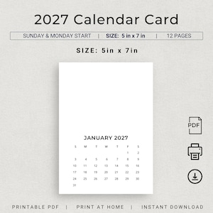 May include: A 2027 calendar card measuring 5 in x 7 in, featuring 12 pages with Sunday and Monday start options. The white card displays the month of January 2027 in black text with a standard grid layout. Includes PDF, printer, and download icons.