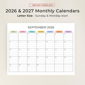 2026 2027 Monthly Calendar with Lines PRINTABLE PDF 2026 2027 Planner Lined Landscape Calendar Minimalist Color A4 Letter Instant Download