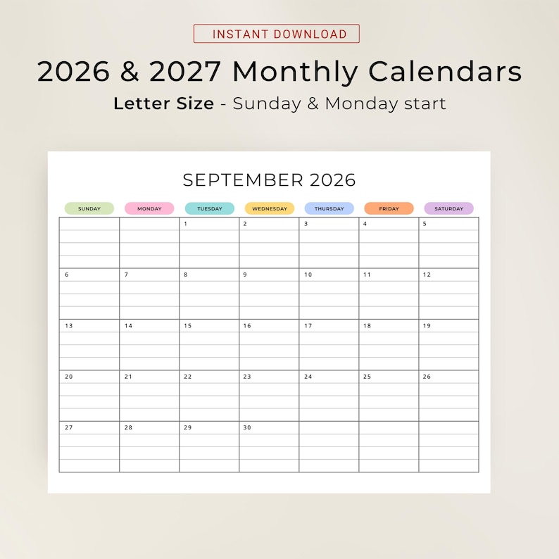 2026 2027 Monthly Calendar with Lines PRINTABLE PDF 2026 2027 Planner Lined Landscape Calendar Minimalist Color A4 Letter Instant Download