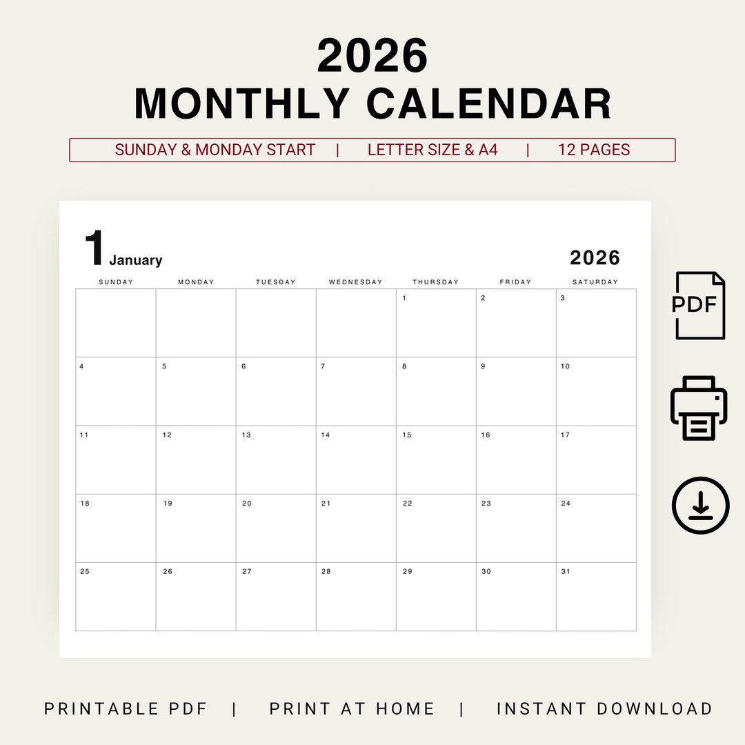 2026 Calendar 2026 Monthly Planner 2026 Minimal Calendar 2026 Landscape
