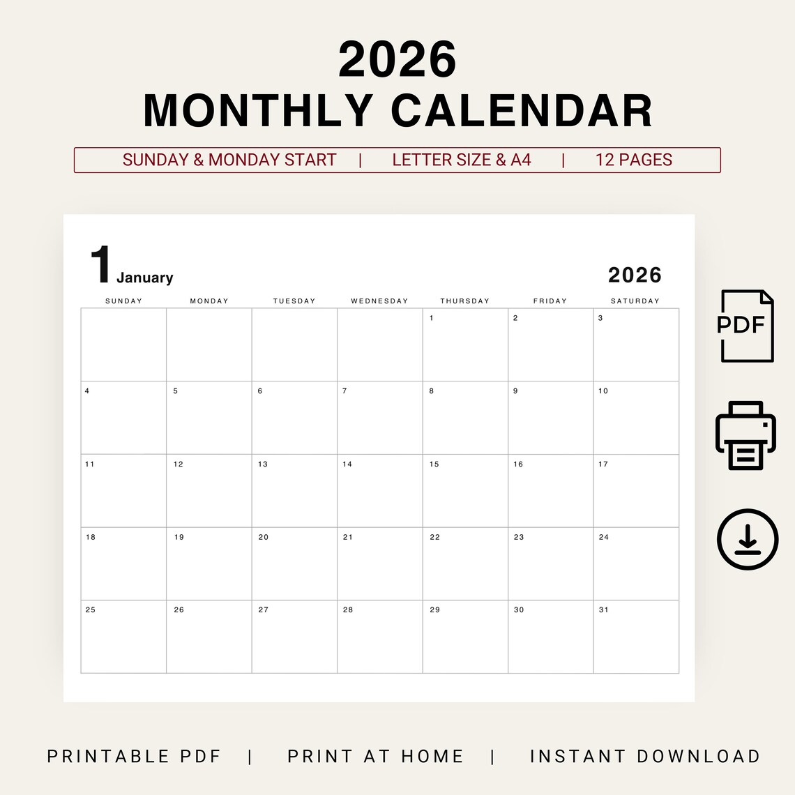 Kalender 2026, Monatsplaner 2026, Minimalkalender 2026