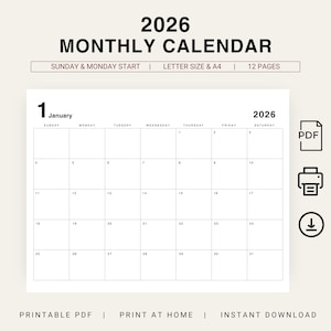 2026 Calendar 2026 Monthly Planner 2026 Minimal Calendar 2026 Landscape Planner 2026 Year Calendar Minimalist 2026 Printable Calendar PDF